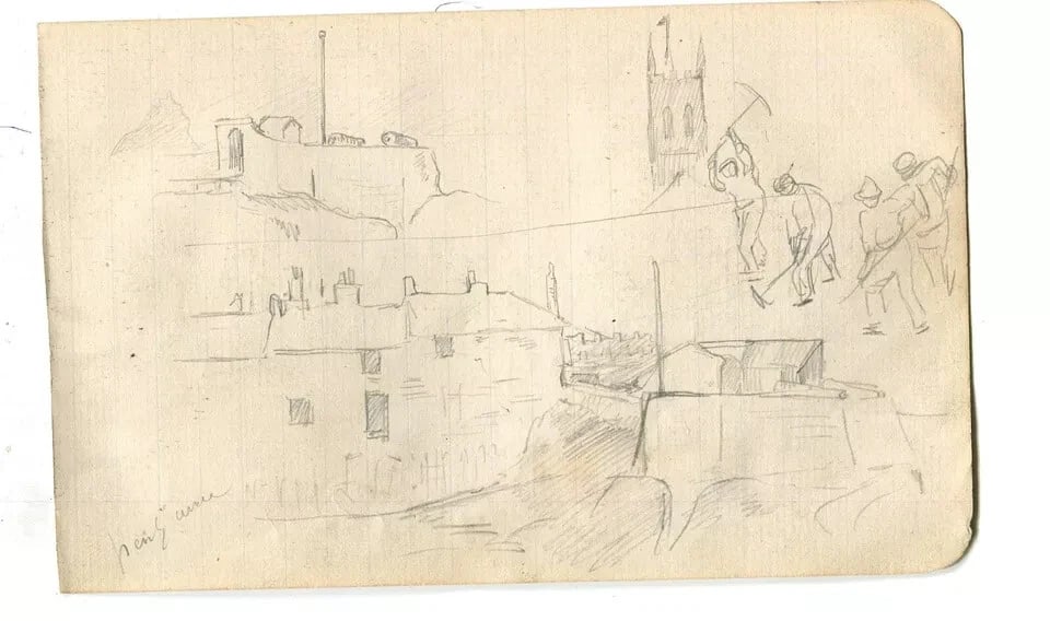 People, Buildings, Workers in the City - Drawing Vintage Pencil Original - 4