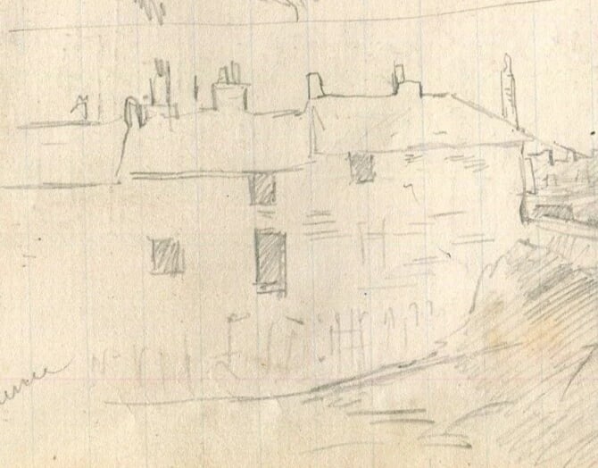 People, Buildings, Workers in the City - Drawing Vintage Pencil Original - 6