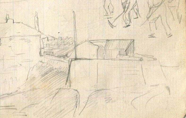 People, Buildings, Workers in the City - Drawing Vintage Pencil Original - 7
