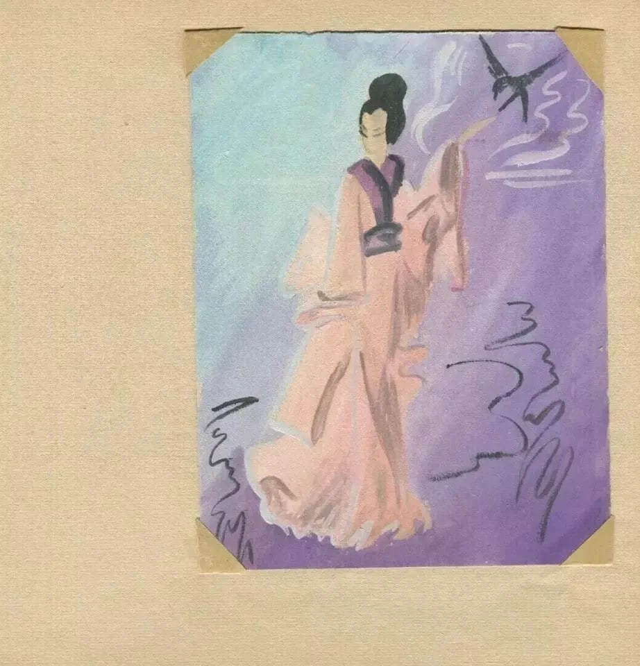 Portrait, Asian Figure, Bird, Genre Scene - Drawing Vintage Woman Asian Artwork - 2