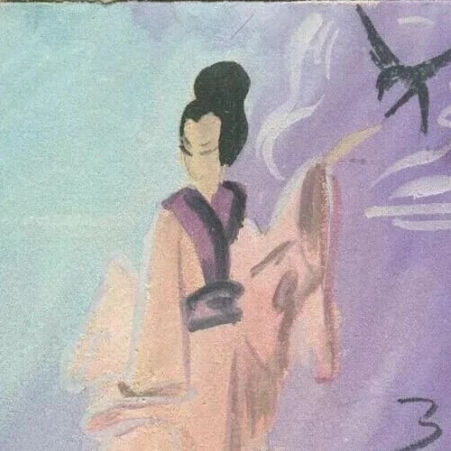 Portrait, Asian Figure, Bird, Genre Scene - Drawing Vintage Woman Asian Artwork - 3