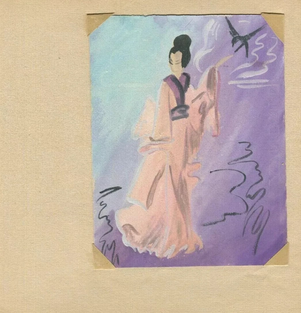 Portrait, Asian Figure, Bird, Genre Scene - Drawing Vintage Woman Asian Artwork - 7