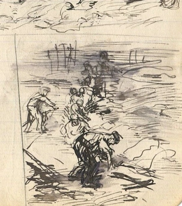 Men Workers People - Drawing Vintage Ink Original Impressionism - 3