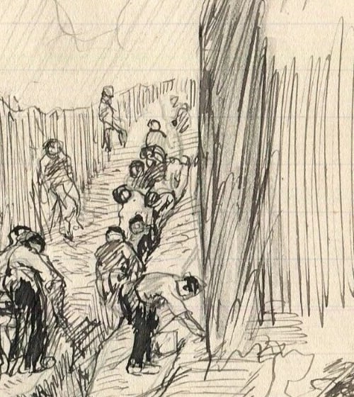 Men Workers People - Drawing Vintage Ink Original Impressionism - 7