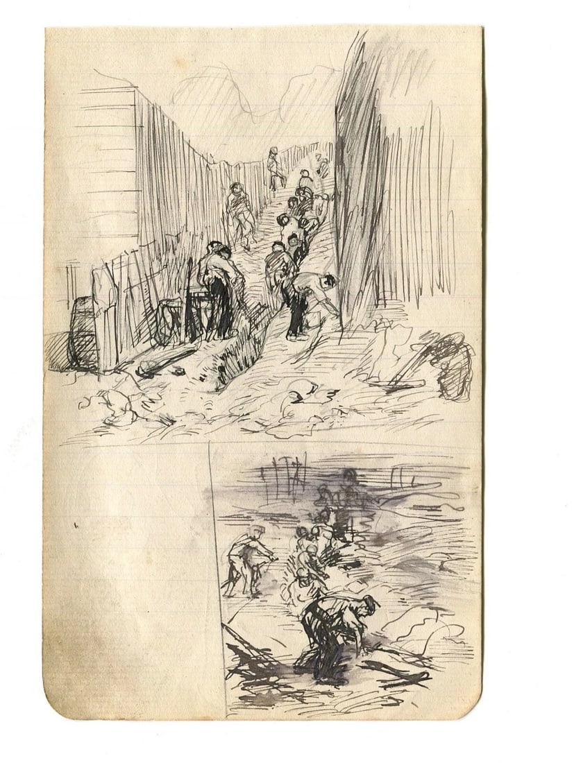 Men Workers People - Drawing Vintage Ink Original Impressionism - 8