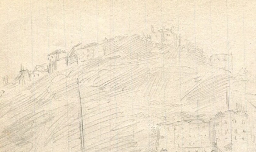 Boat, Village, Landscape - Drawing Vintage Pencil Original Artwork - 3