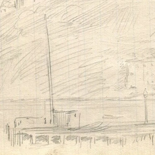 Boat, Village, Landscape - Drawing Vintage Pencil Original Artwork - 7