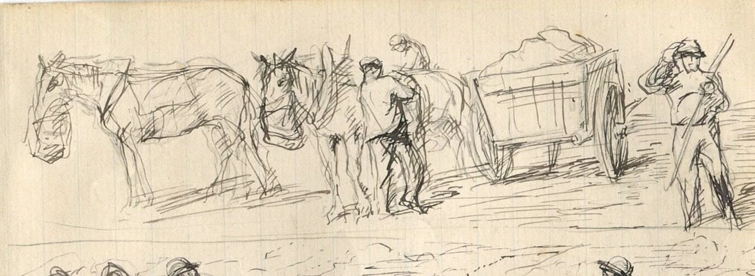 Plow, Horse, People Sketches, Working Life Drawing Vintage Ink Original Artwork - 2