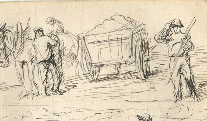 Plow, Horse, People Sketches, Working Life Drawing Vintage Ink Original Artwork - 4