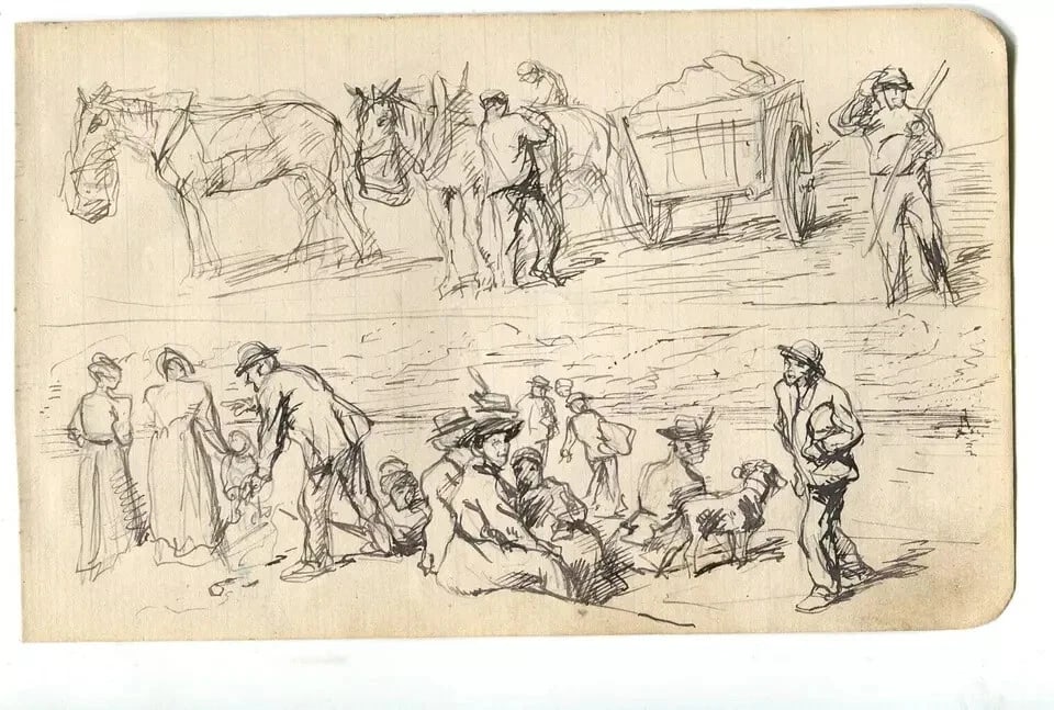 Plow, Horse, People Sketches, Working Life Drawing Vintage Ink Original Artwork - 5