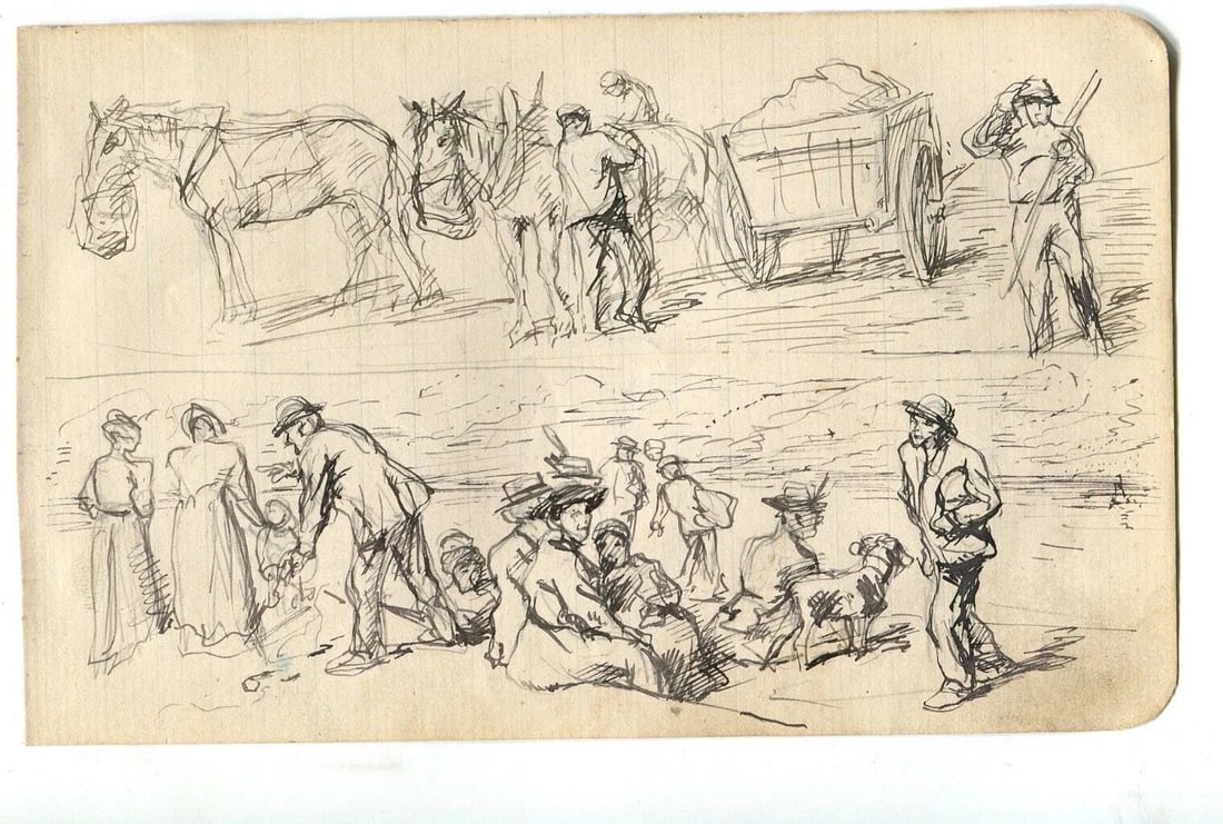 Plow, Horse, People Sketches, Working Life Drawing Vintage Ink Original Artwork - 8