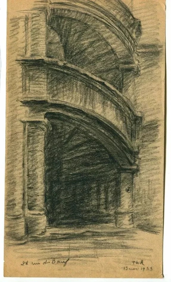 Staircase Fontainebleau Landscape - Drawing Vintage Pencil signed Architecture - 8