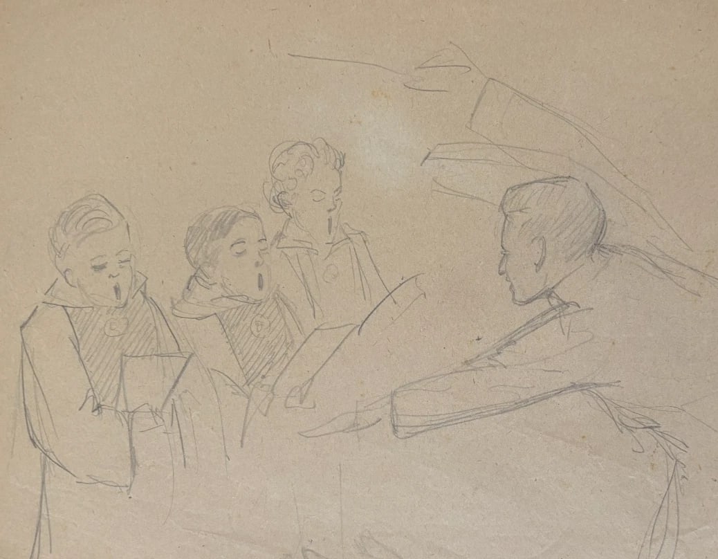 People, Children, Music, Singers - Drawing Original Antique Pencil Artwork (1 of 8)