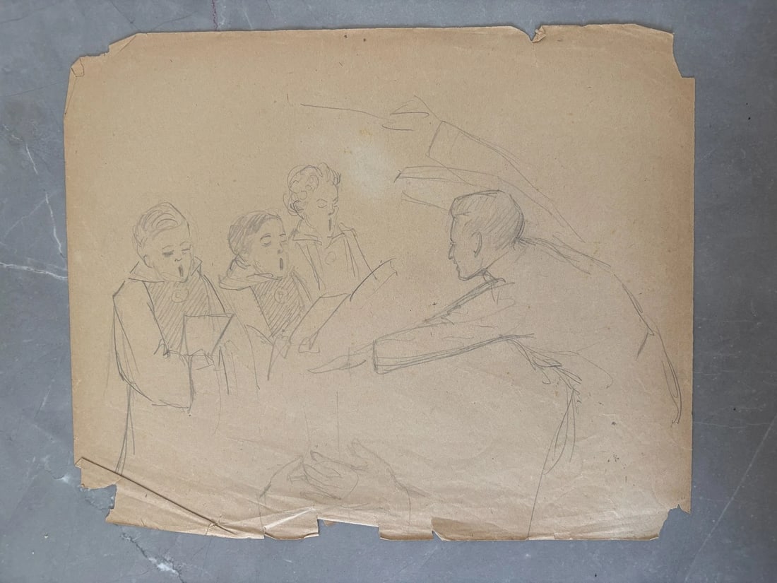 People, Children, Music, Singers - Drawing Original Antique Pencil Artwork - 2
