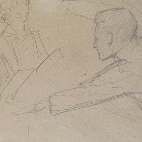 People, Children, Music, Singers - Drawing Original Antique Pencil Artwork - 3