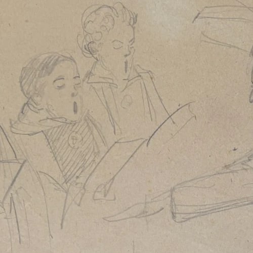 People, Children, Music, Singers - Drawing Original Antique Pencil Artwork - 5