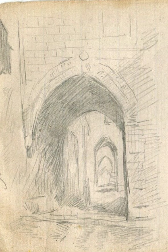 People, Architecture, Landscape - Drawing Vintage Ink Original - 2