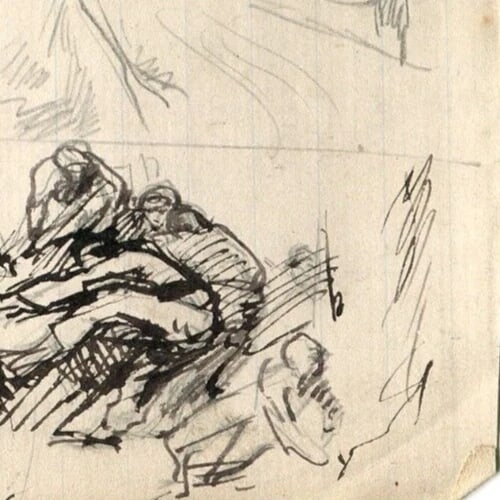 People, Architecture, Landscape - Drawing Vintage Ink Original - 6