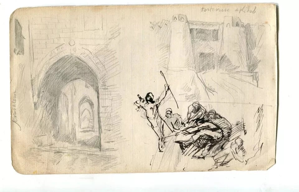 People, Architecture, Landscape - Drawing Vintage Ink Original - 7