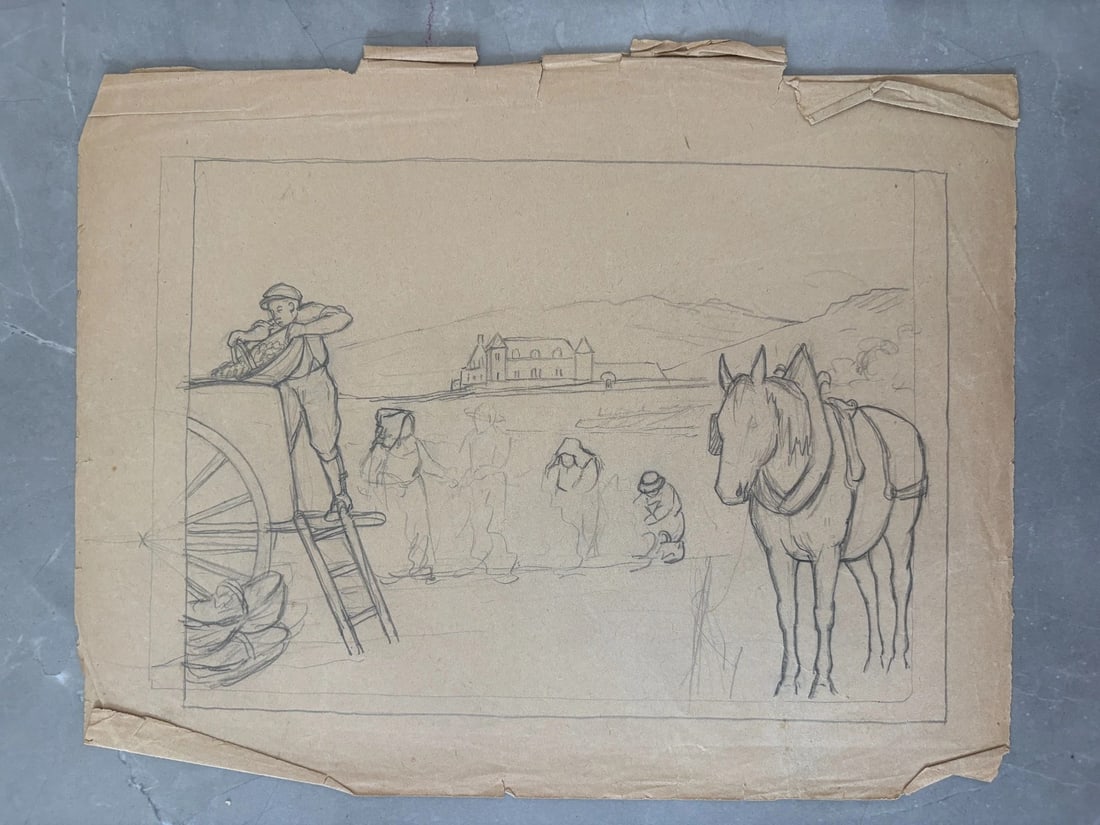 Horse, People, Landscape Drawing Original Antique Pencil Artwork - 2