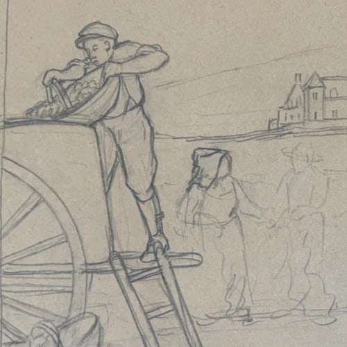 Horse, People, Landscape Drawing Original Antique Pencil Artwork - 3