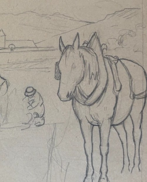 Horse, People, Landscape Drawing Original Antique Pencil Artwork - 5