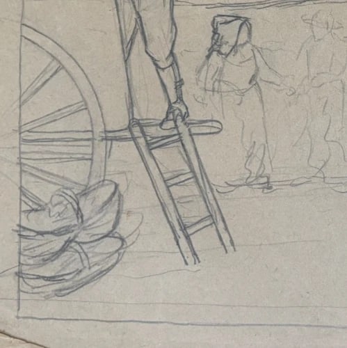 Horse, People, Landscape Drawing Original Antique Pencil Artwork - 6