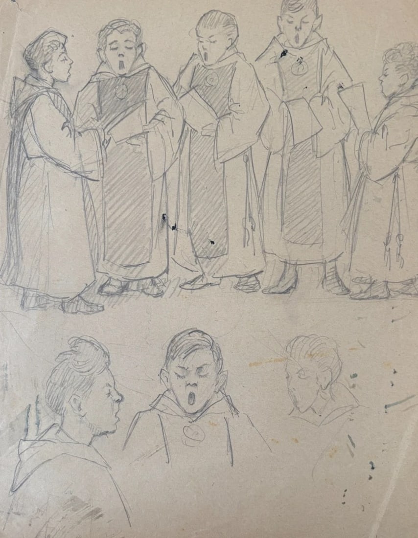 People, Children, Music, Singers - Drawing Original Antique Pencil Artwork (1 of 8)