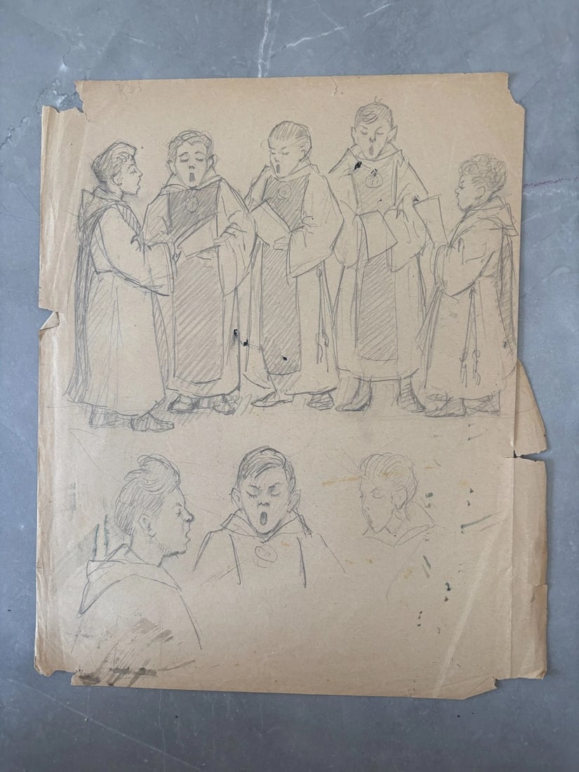 People, Children, Music, Singers - Drawing Original Antique Pencil Artwork - 2