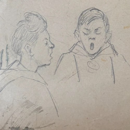 People, Children, Music, Singers - Drawing Original Antique Pencil Artwork - 3