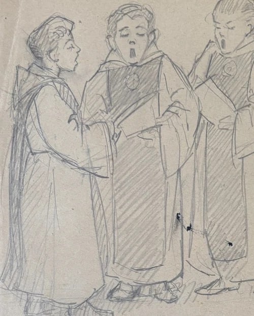 People, Children, Music, Singers - Drawing Original Antique Pencil Artwork - 4