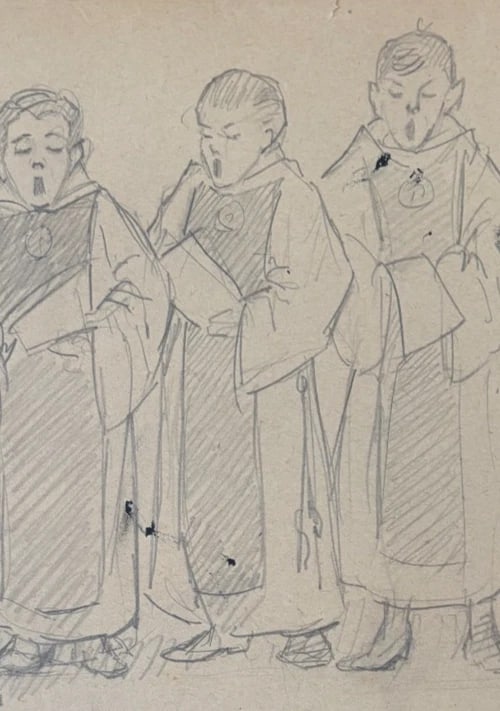 People, Children, Music, Singers - Drawing Original Antique Pencil Artwork - 5