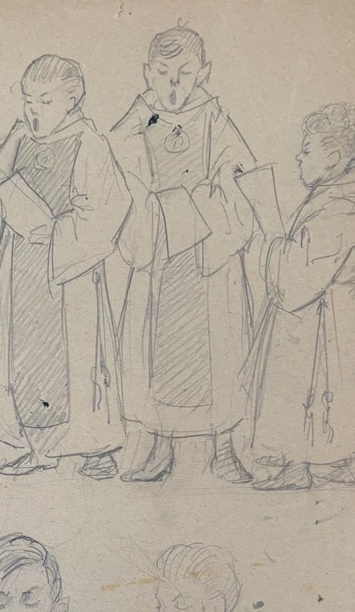 People, Children, Music, Singers - Drawing Original Antique Pencil Artwork - 6