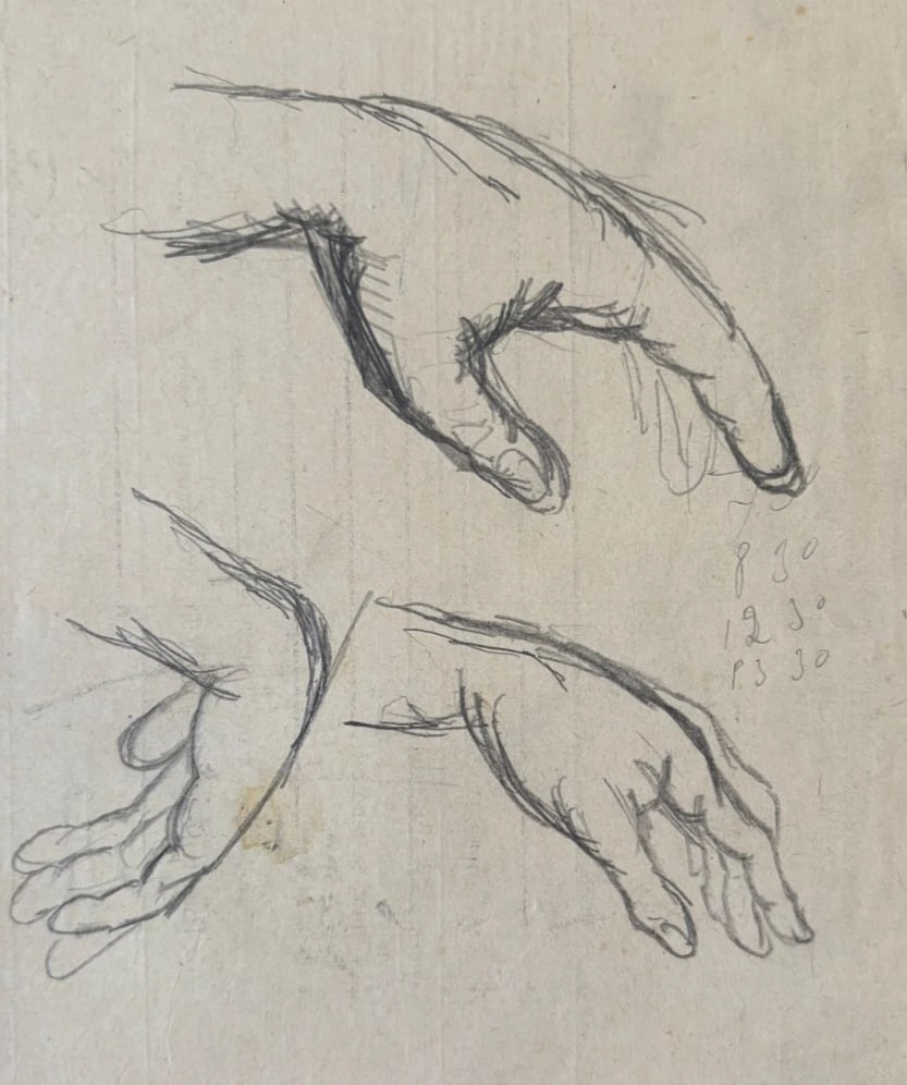 Hands, Sketch Drawing Original Antique Pencil Artwork: Title: Hands, Sketch Drawing Original Antique Pencil Artwork Description: Hands, Sketch Drawing Original Antique Pencil Artwork Pencil on paper 15 x 21.5 cm / 5.90 x 8.46 inches stains, folds, tears R