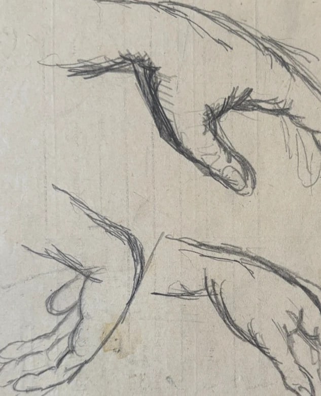 Hands, Sketch Drawing Original Antique Pencil Artwork - 6