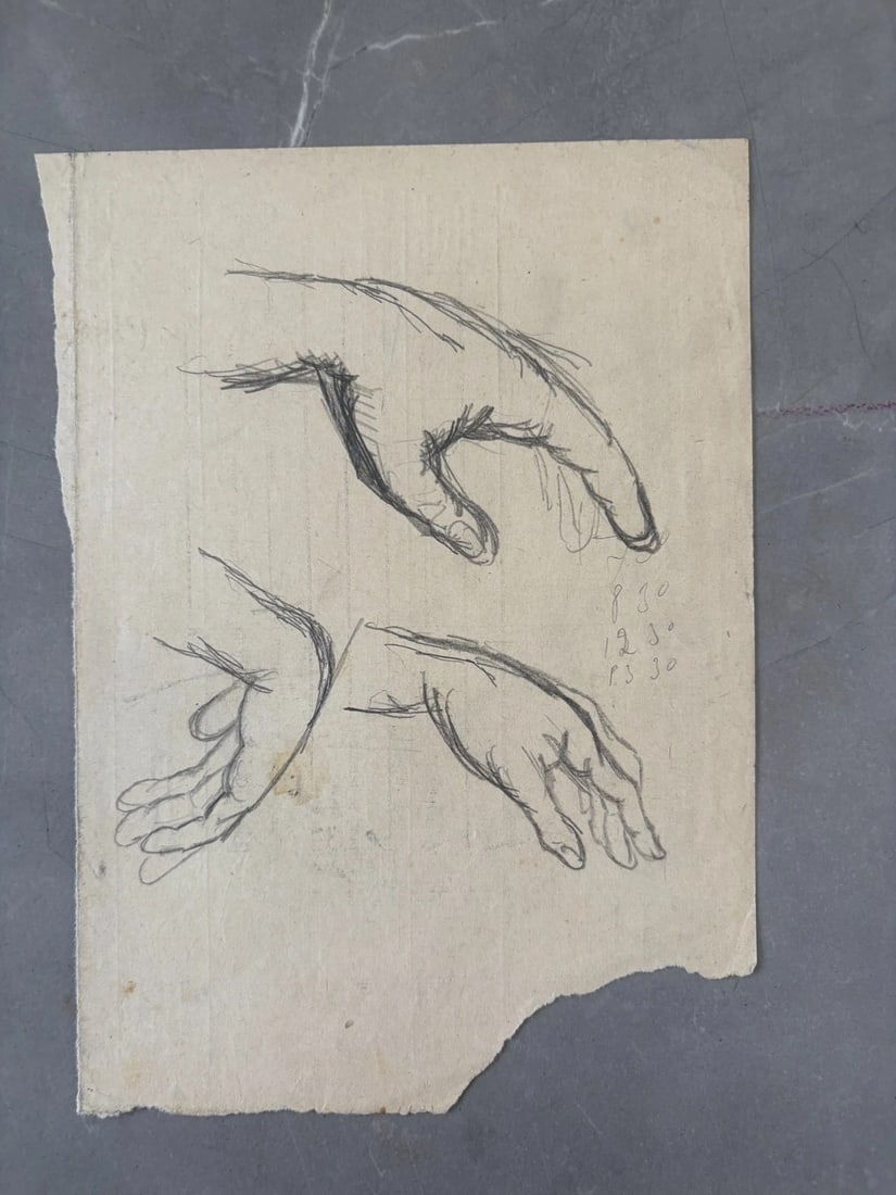 Hands, Sketch Drawing Original Antique Pencil Artwork - 7