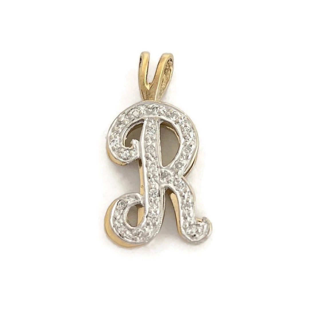 Two-Tone Letter R Initial Diamond Necklace Pendant 14K Yellow Gold, 3.13 Grams: Two-Tone Letter R Initial Diamond Necklace Pendant 14K Yellow Gold, 3.13 Grams This is such a lovely charm pendant that can fit on the chain of your choice. Please let us know if you have any question