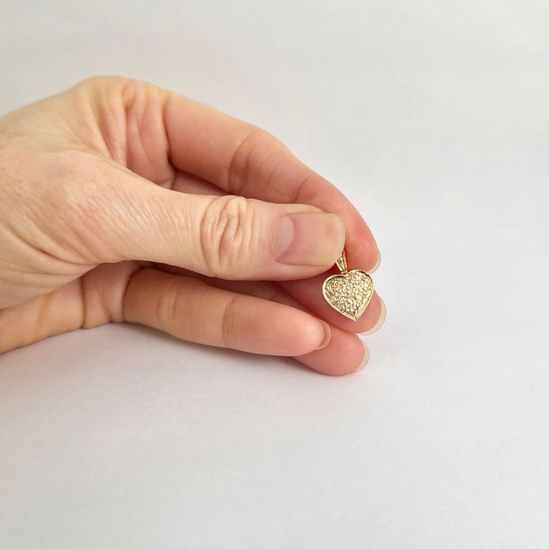 Small Pave Diamond Heart Necklace Pendant Charm 14K Yellow Gold, 1.43 Grams - 4