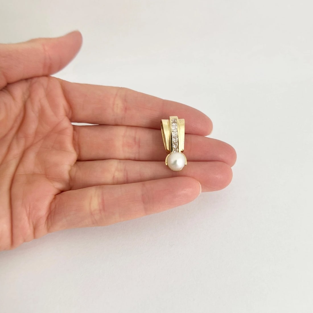 Estate Pearl CZ Drop Necklace Pendant 14K Yellow Gold, 3.61 Grams - 3