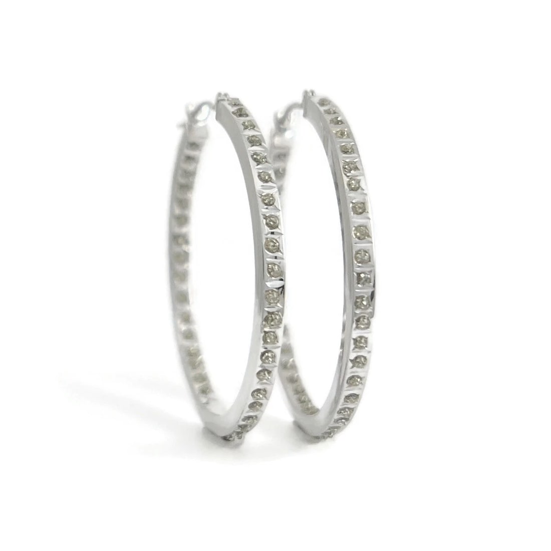 Thin Inside-Out Rhinestone Hoop Earrings 10K White Gold, 1.25 Inches, 1.63 Grams - 2