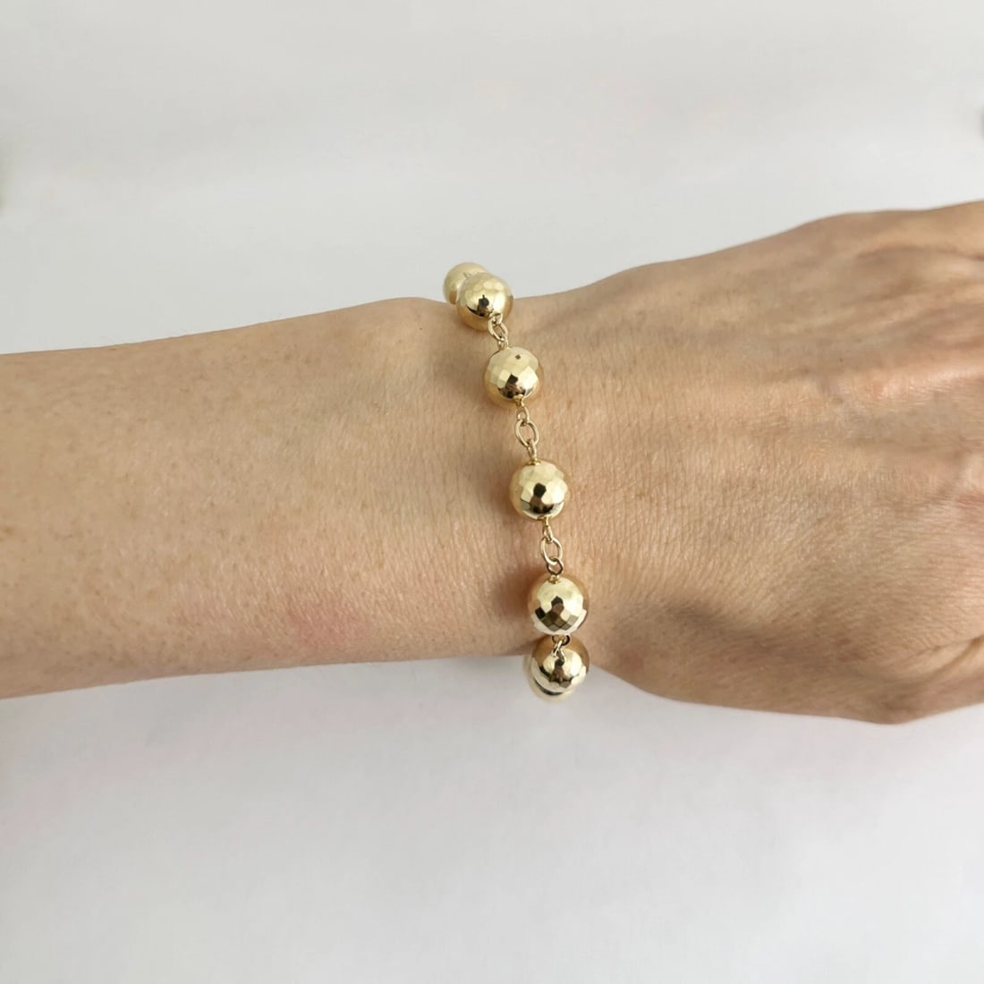 Long Disco Ball Bead Chain Link Bracelet 14K Yellow Gold, 8 Inches, 8.59 Grams - 4