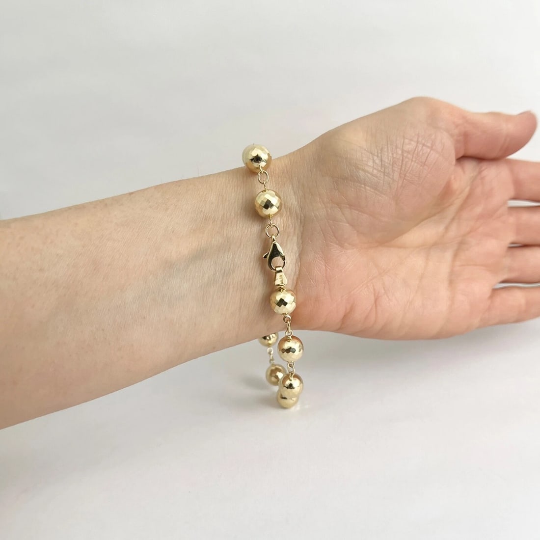 Long Disco Ball Bead Chain Link Bracelet 14K Yellow Gold, 8 Inches, 8.59 Grams - 6