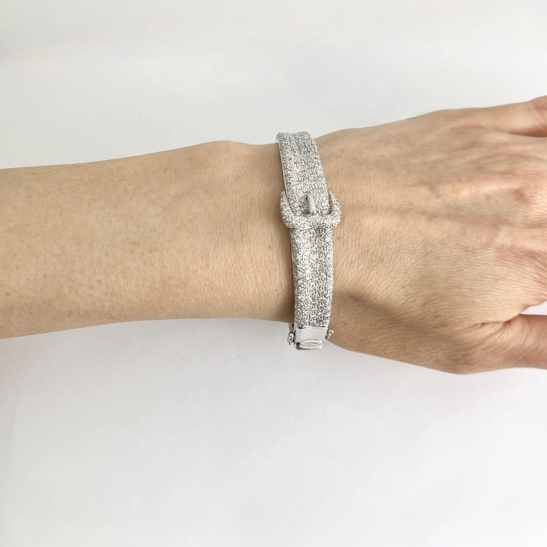 Pave Diamond Buckle Bangle Bracelet 14K White Gold, 1.89 CTW, 26.69 Grams - 4