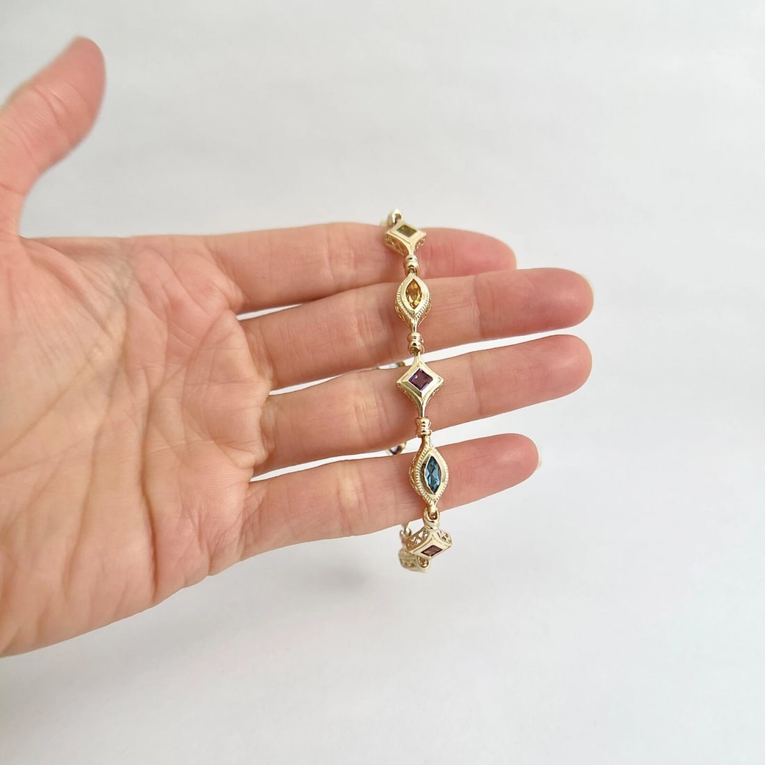 Multicolored Gemstone Chain Link Tennis Bracelet 14K Yellow Gold, 10.61 Grams - 3