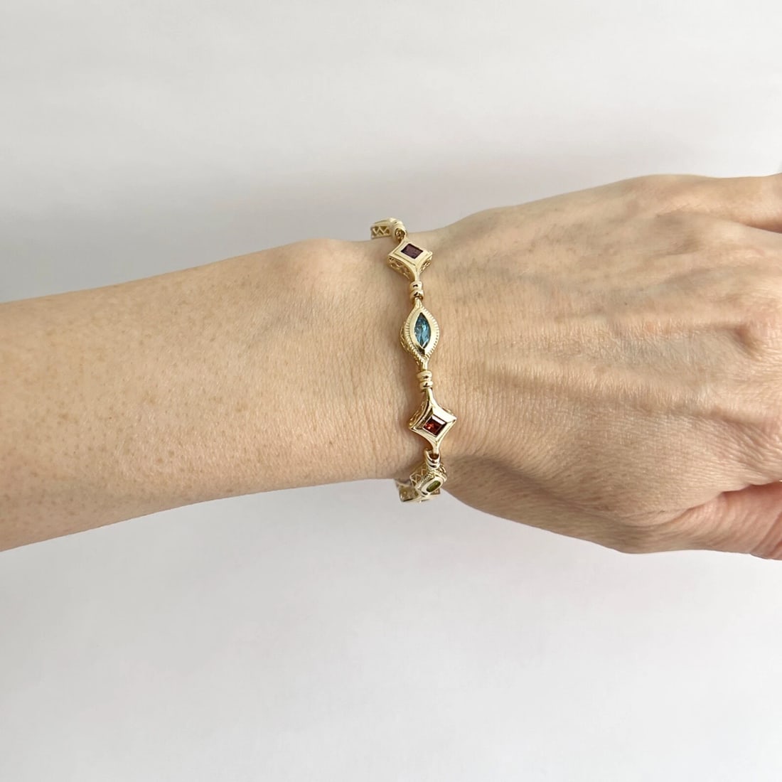 Multicolored Gemstone Chain Link Tennis Bracelet 14K Yellow Gold, 10.61 Grams - 5