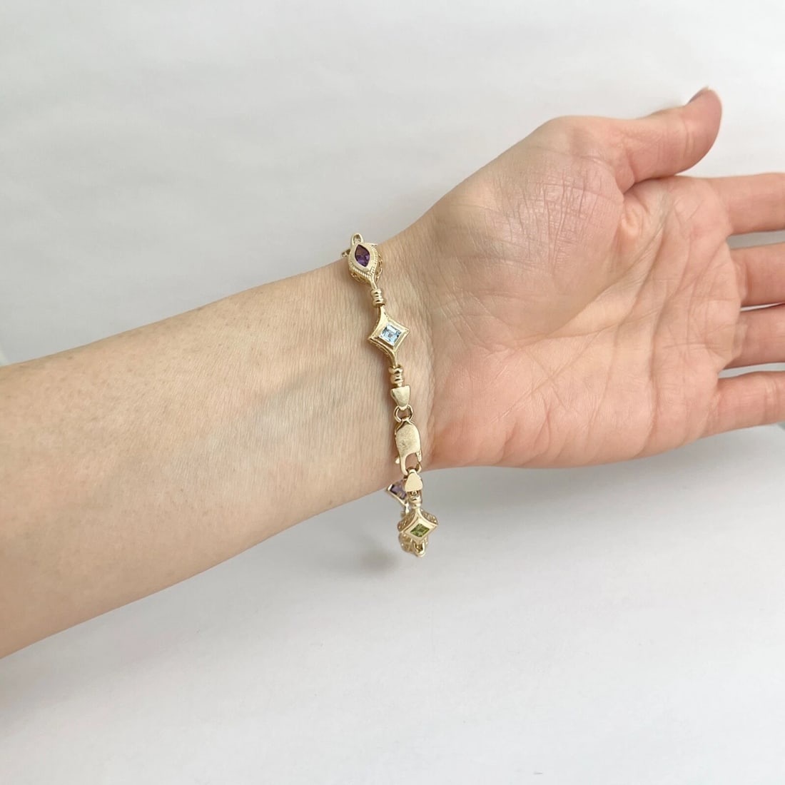 Multicolored Gemstone Chain Link Tennis Bracelet 14K Yellow Gold, 10.61 Grams - 7