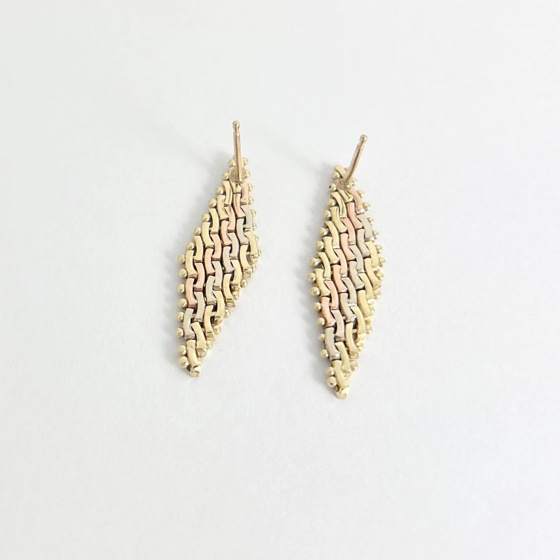 Tri-Color Drop Earrings 14K Yellow Rose White Gold, 1.2 Inches, 3.57 Grams - 6