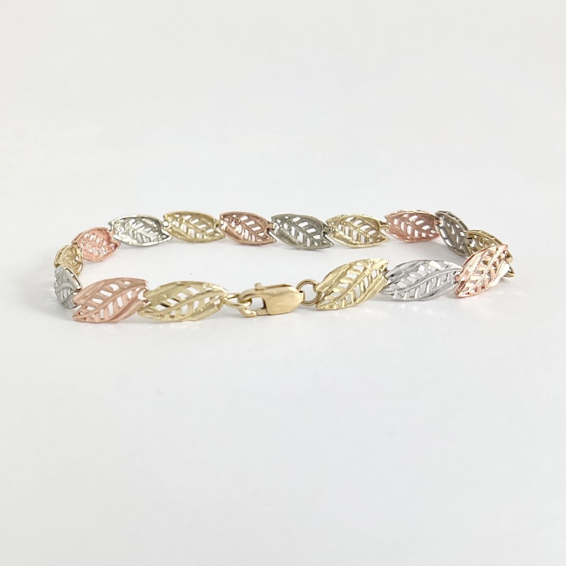 Tri-Color Filigree Leaf Chain Link Bracelet 10K Yellow Rose White Gold, 4.27 Gr - 7