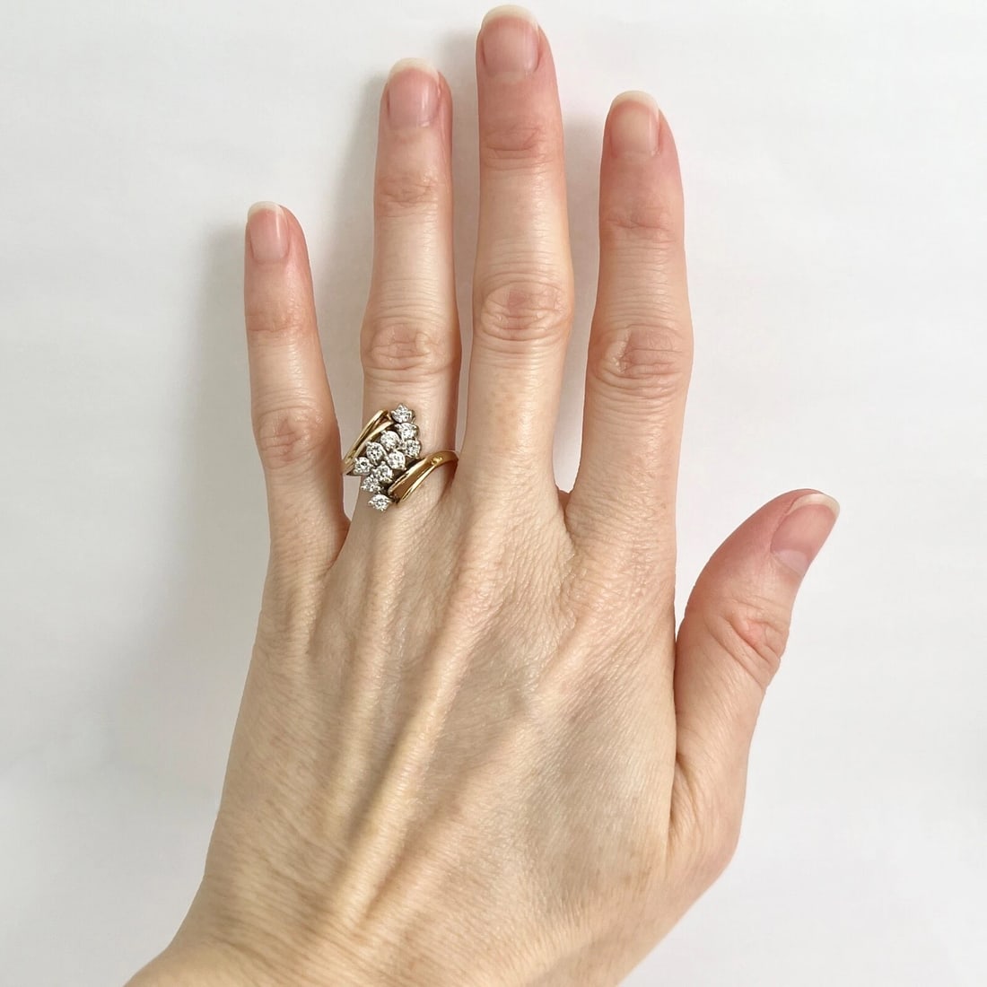 Estate Diamond Cluster Asymmetrical Cocktail Ring 14K Yellow Gold, 4.67 Grams - 4