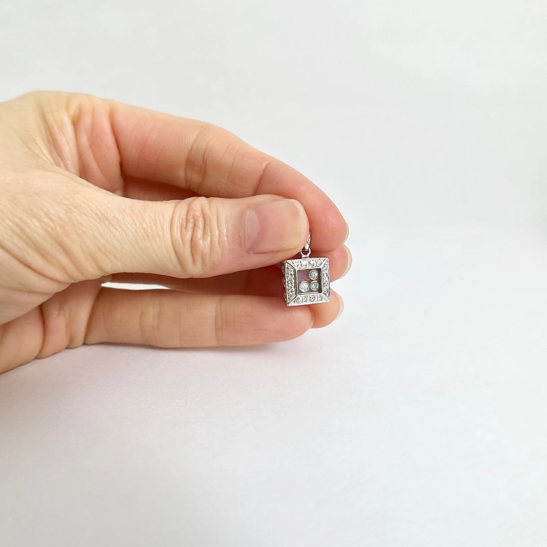 Estate Floating Diamond Square Necklace Pendant Charm 14K White Gold, 2.89 Grams - 4